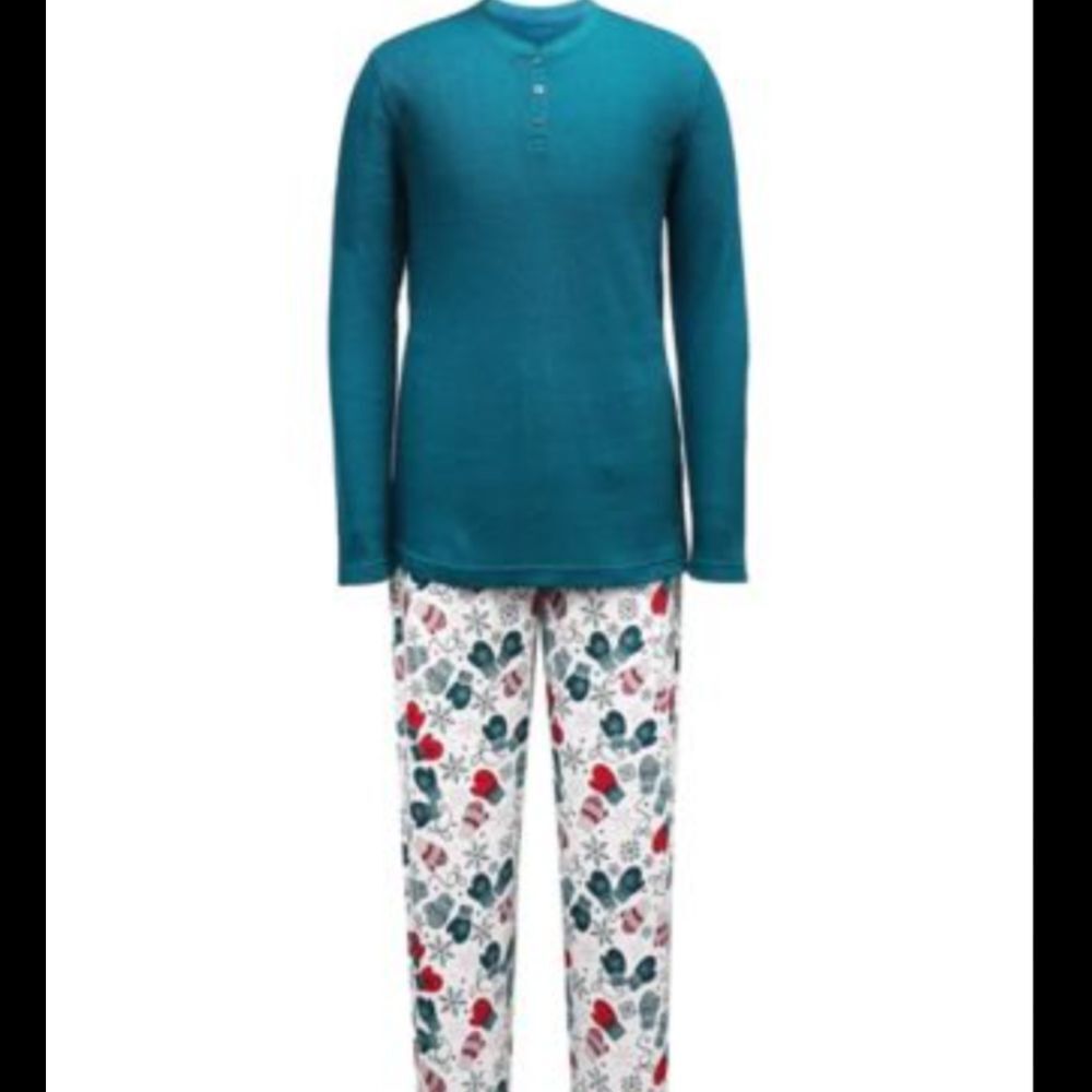 Family Pajamas set Men's Henley Top Mitten-Print Mittens MED white green holiday
